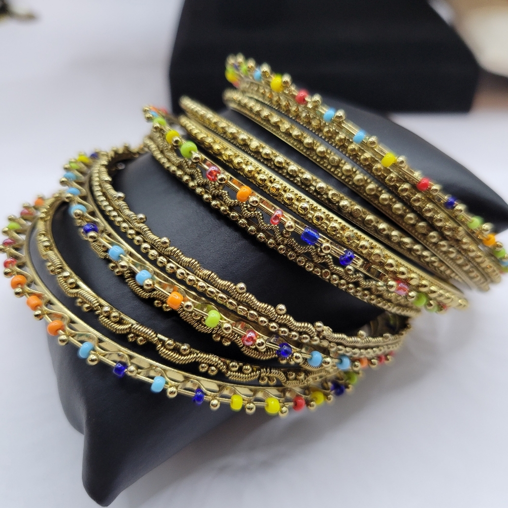 Boho Bangles Stacking set of 12 gold tone and colorful beaded dainty bracelets